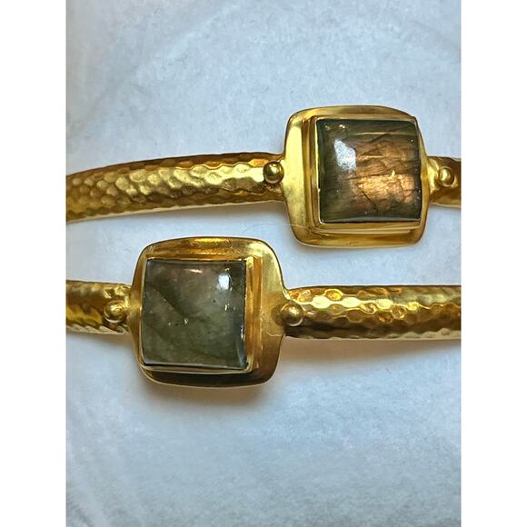 Julie Vos Gold Bangles Set of 2 Medium Stacking Bracelets Gray Stone Boho Layer - Picture 7 of 9
